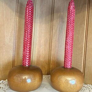 SOLD Myrtle Wood MCM Round Candle Holders Brass Inserts Taper Candleholders